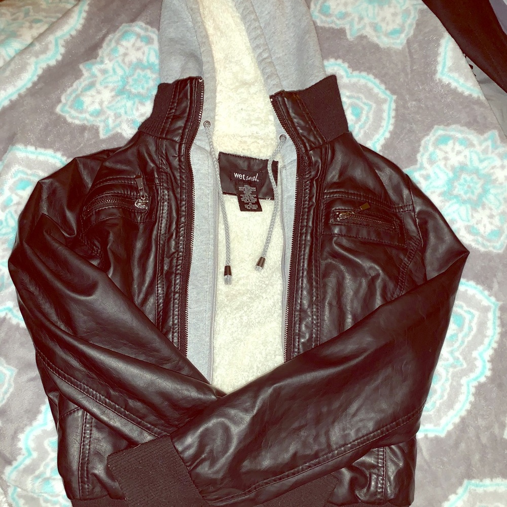 Black leather and soft gray hoodie combo